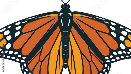 An illustrated monarch butterfly with orange and black wings is viewed from above in a graphic representation