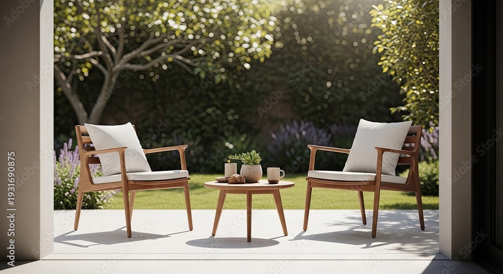 Obraz premium Outdoor patio scene with chairs and table lush greenery background and sunlight