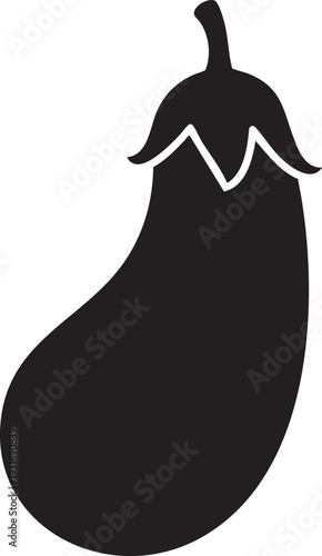 A dark eggplant illustration viewed from the side showcasing its stem and calyx in a simple graphic style
