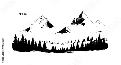 Watercolor Mountain Landscape Vector with Pine Trees on White Background