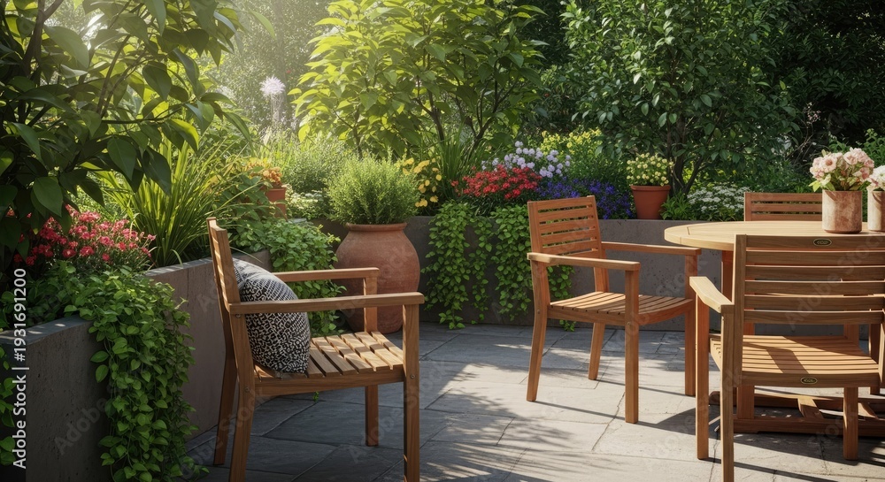 Obraz premium Outdoor patio scene with wooden furniture lush greenery and sunlight