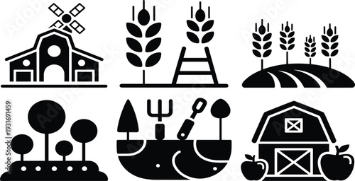 Agriculture farm icon set with barn windmill wheat field trees tools silhouette vector illustration isolated on white background