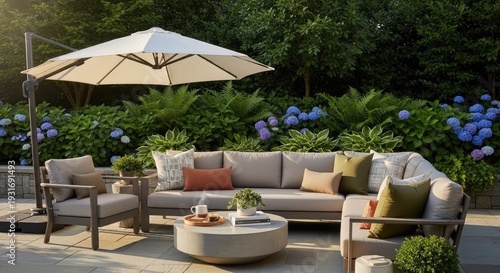 Outdoor patio setting with umbrella sofa and lush greenery in daylight