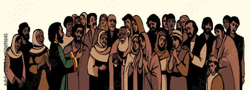 Vector drawing. Ancient family listen a father