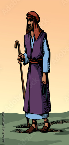 Vector drawing. Man walking with cane