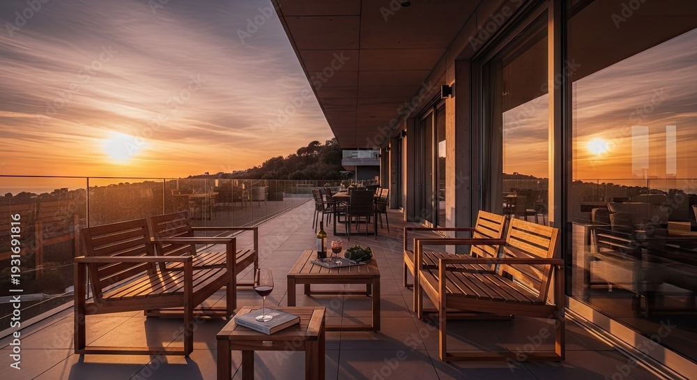 Fototapeta premium Outdoor patio with seating and sunset view creates a relaxing atmosphere