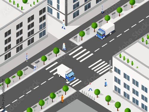 Isometric illustration depicting a city street with vehicles and pedestrians