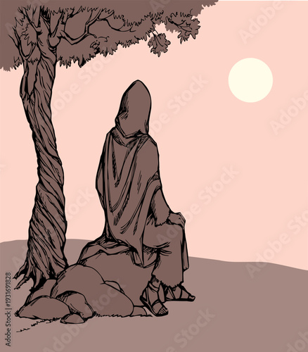 Vector drawing. Jesus looks at the sun