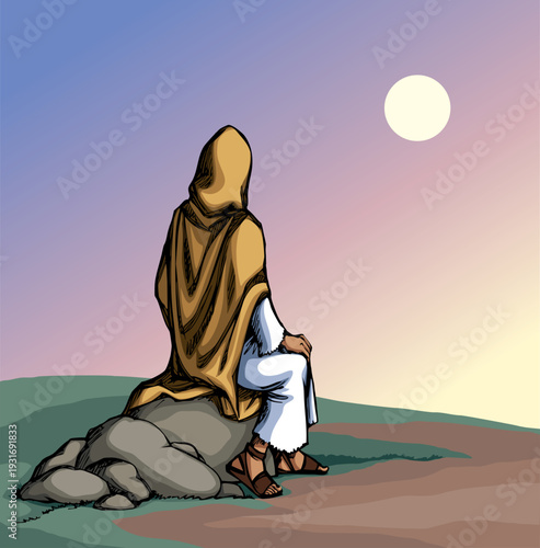 Vector drawing. Jesus looks at the sun