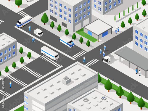 Isometric illustration of a busy city intersection with vehicles and pedestrians
