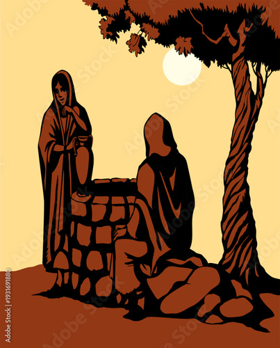 Vector drawing. Jesus and woman