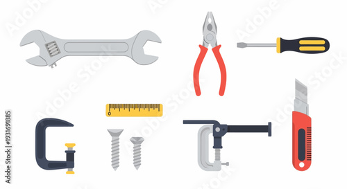 Essential Hand Tools and Construction Equipment Set. Flat Design Icons for Repair, DIY, Home Improvement, and Maintenance Projects Isolated on White.