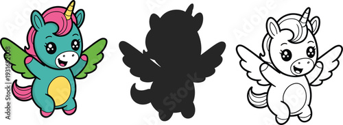 Cute flying unicorn cartoon character with wings, colorful fantasy pony mascot vector illustration isolated on white background design