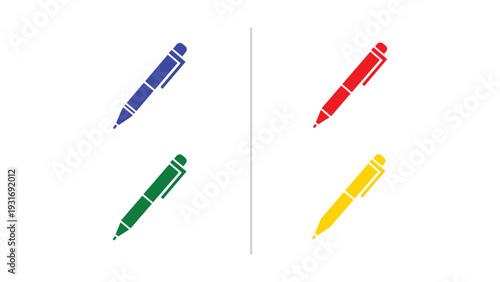 Four colorful pens arranged in two separate pairs on a plain background