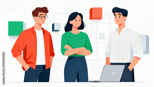 Three people are standing in front of a laptop. They are smiling and seem to be having a good time