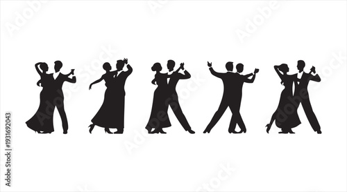 Ballroom dancing couple icon pack partner dance silhouettes black vector set isolated on white background