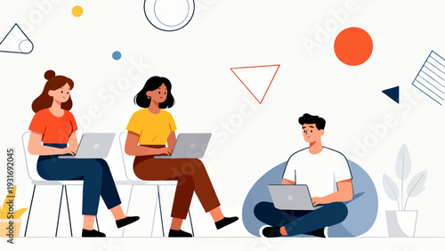 Three people are sitting in chairs and using laptops. The man is sitting on a bean bag chair