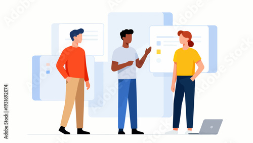 Three people are standing in front of a laptop, with one of them holding a mouse. The laptop is open and has a screen displaying a message. The people seem to be discussing something important