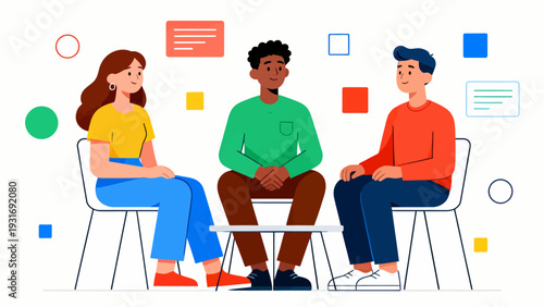 Three people sitting in chairs and one of them is wearing a yellow shirt. The chairs are arranged in a circle