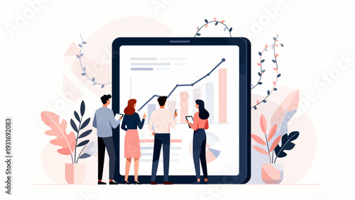 A group of people are looking at a tablet with graphs and charts on it. Concept of collaboration and teamwork as the group works together to analyze the data. The use of bright colors
