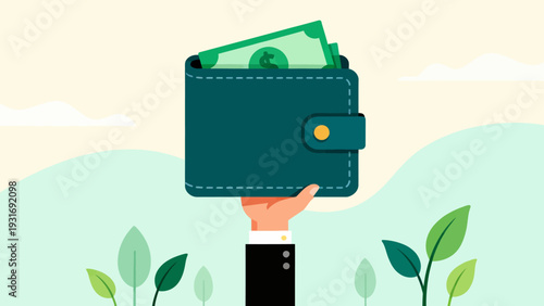 A person is holding a wallet with a green bill inside. The wallet is made of a green material and the bill is also green. The wallet and the bill are both in the person's hand