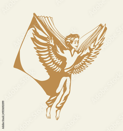 Vector drawing. A boy flying in the sky
