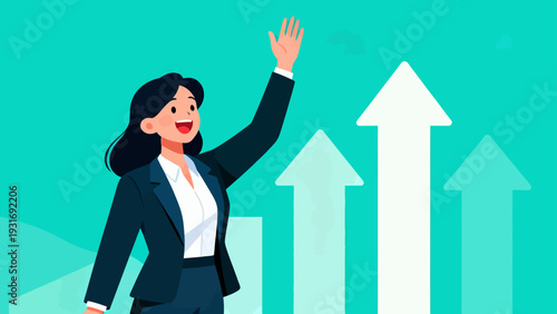 A woman in a suit is waving at a series of upward arrows. Concept of progress and success, as the woman's gesture suggests that she is celebrating a milestone or achievement