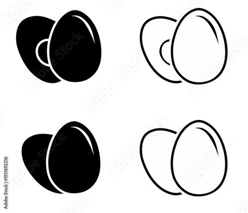 Egg icon set. Set of chicken egg vector icons featuring solid black silhouettes and simple line art outlines