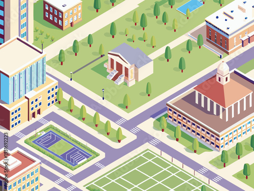 Isometric illustration of a university campus with classical buildings and green spaces
