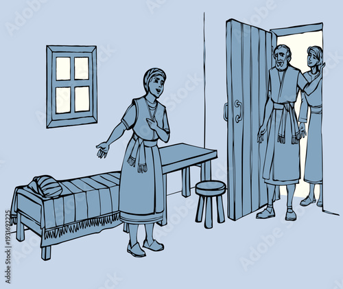 Vector drawing. A woman offers housing to the prophet Elisha.
