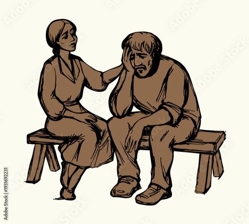 Vector drawing. Girl and sad man