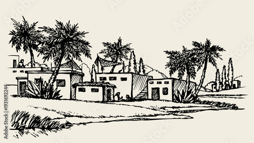 Vector drawing. Old village at river