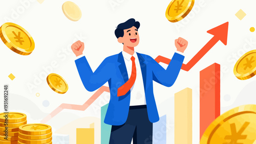 A man in a suit is holding up a bunch of coins and a dollar bill. The coins are scattered around him and the dollar bill is in his hand. Concept of wealth and success
