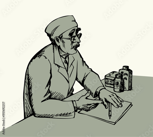 Doctor at the desk. Vector illustration.