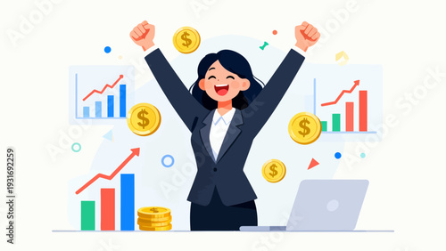 A woman in a suit is holding up a pile of money and smiling. The image is meant to convey the idea of financial success and happiness