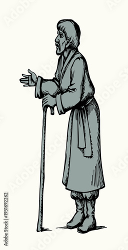 Vector drawing. Old man with cane