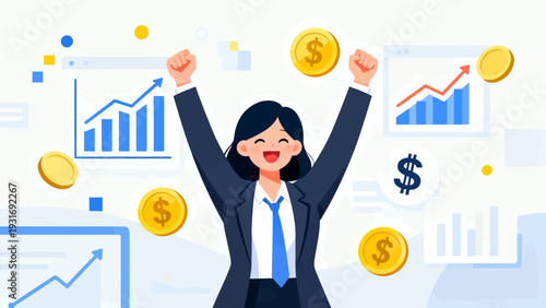 A woman is holding up a bunch of coins and a dollar bill. She is smiling and she is celebrating. Concept of success and achievement