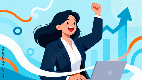 A woman in a business suit is holding her hands up in the air, with a laptop in front of her. Concept of excitement and achievement