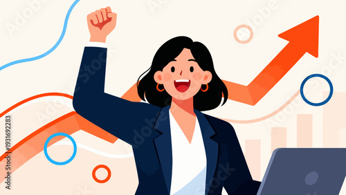 A woman is standing with her arms raised in the air, smiling and looking up at a graph. The graph shows a positive trend, and the woman's expression suggests that she is celebrating this success