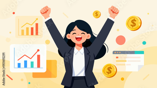 A woman is shown in a business suit with a big smile on her face. She is surrounded by graphs and money, which suggests that she is celebrating a financial success