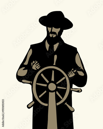 Vector drawing. The captain at the helm