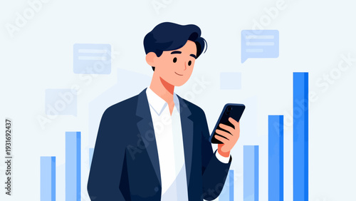 A man in a suit is holding a cell phone. Concept of modernity and technology, as the man is using his phone while dressed in a business suit. The blue and white colors of the suit