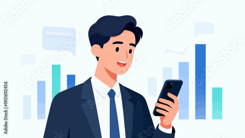 A man in a suit is smiling while holding a cell phone. Concept of modern technology and the importance of staying connected in today's world