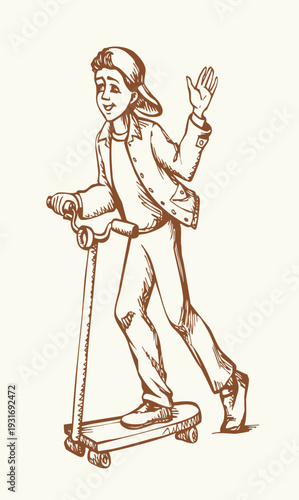 Vector drawing. A boy riding a scooter