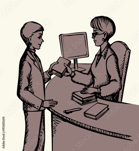 Vector drawing. Young boy and woman receptionist