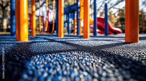 Brightly Colored Playground Equipment with Textured Flooring in a Vibrant Outdoor Park Setting under Soft Natural Light