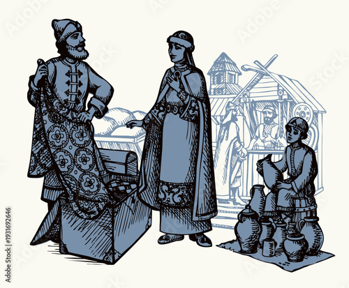 Vector drawing. Man sells a fabric om ancient market