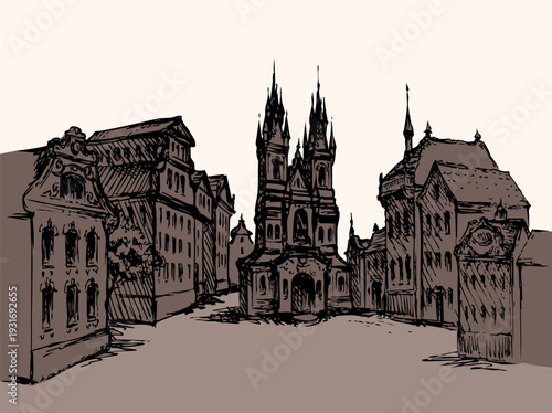 Old city street. Vector drawing