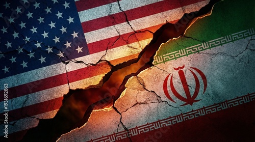 Cracked flags of the United States and Iran symbolizing political conflict and strained international relations.