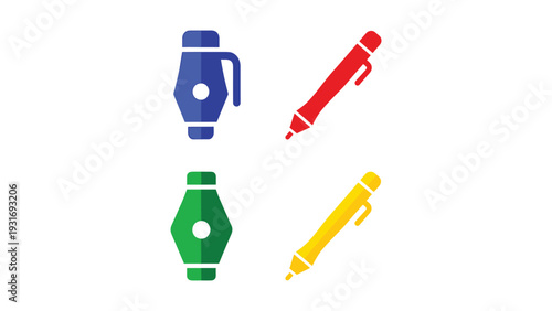 Colorful stationery items including a water bottle, marker, pencil sharpener, and highlighter